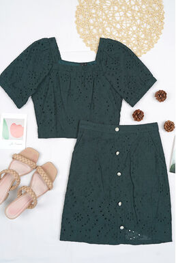 Square Neck Top & Pearl Button Eyelet Skirt Playsuit Set (Dark Green)